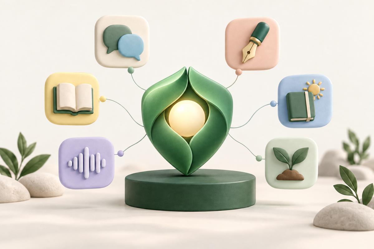 A green GoooldSI core connected to six growing app ideas: translation, writing, reading, journaling, voice and learning